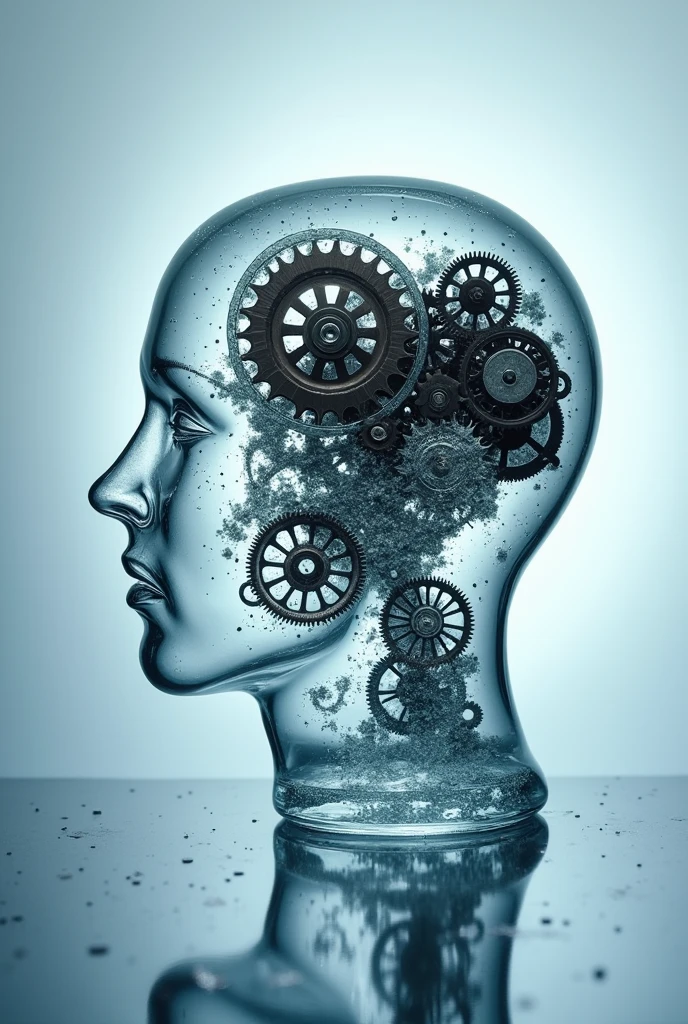 Automated Thought**: A human head made of transparent glass revealing a complex system of gears and internal mechanisms that operate in perfect harmony, representing the systematic and calculated functioning of the mind