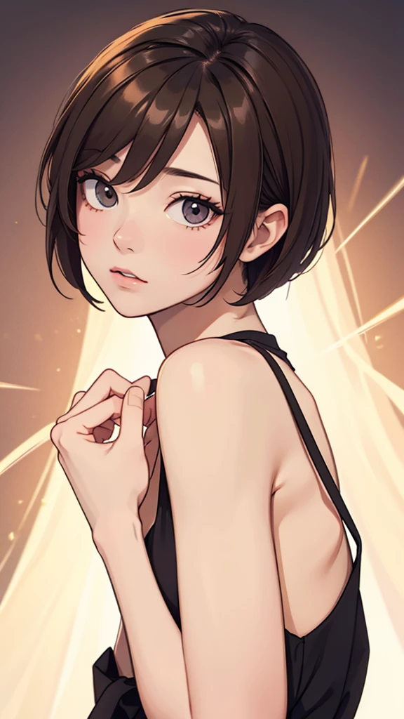 (((masterpiece, best quality, ultra highres, 1 girl, solo, no background))), super detailed skin and face and eyes and finger, beautiful japanese woman, small breasts:1.5, skinny, light brown hair, very short pixie hair, cowboy shot, The background should be simple, outline, anime, 2d, boyish, expressionless, cartoon, dress,