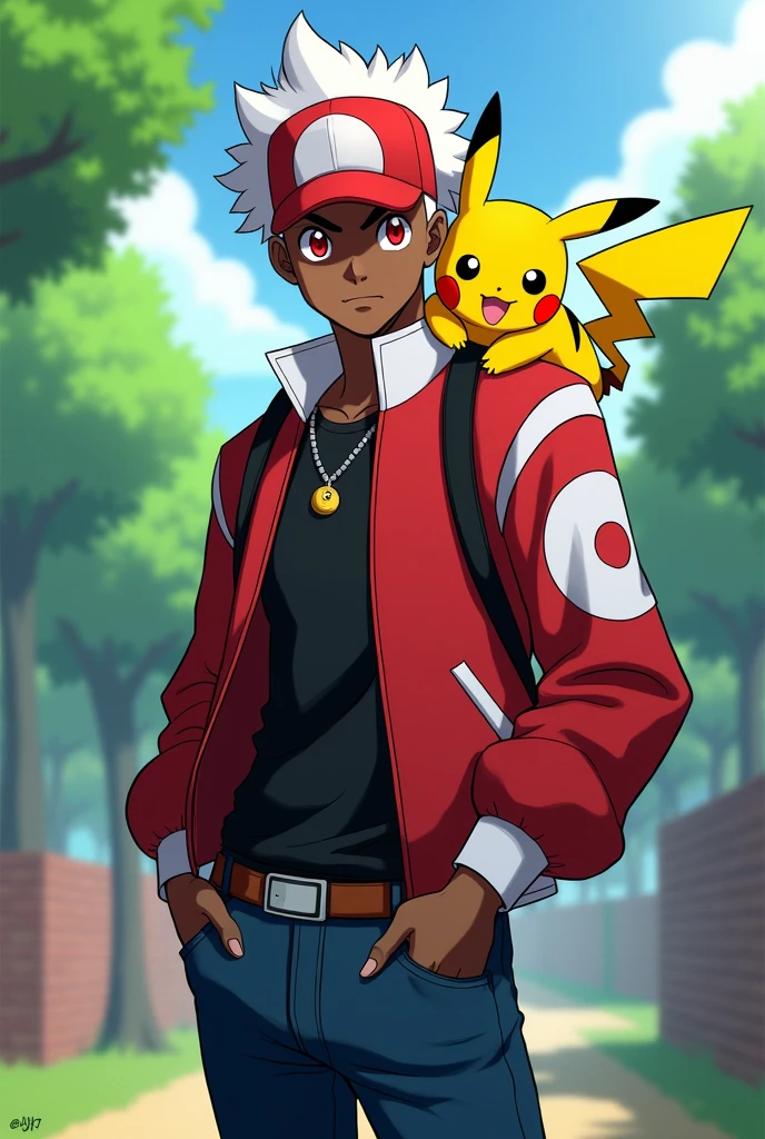 A black-skinned Pokémon trainer, red eyes and white hair, wearing a black shirt, a red jacket with white sleeves, black gloves with fingers showing, a red cap, dark blue jeans and red sneakers, carrying a Pikachu on his shoulder
