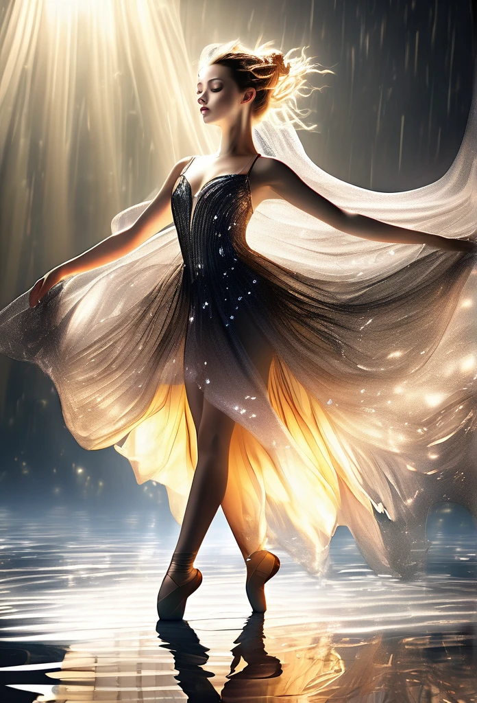 a beautiful ballet dancer fairy, glowing dress, glowing wings,completely black background, mirrored water floor, fantasy art style, detailed face and eyes, highly detailed, 8k, photo realistic, masterpiece, cinematic lighting, dramatic atmosphere, ethereal, mystical, magical, elegant, graceful pose, flowing fabric, shimmering effects, ambient glow, surreal, captivating, breathtaking
