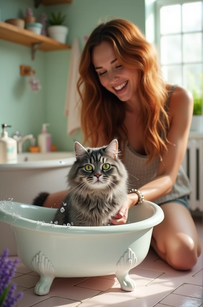 A woman giving her cat a bath
