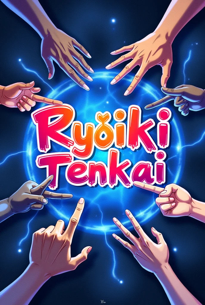 'Ryōiki Tenkai' written in the middle and around it i would like to have Yuji Itadori's, Gojo Satoru's, Megumi Fushiguro's, Hiromi Higuruma's and Kinji Hakari's Domain expansion hand signs.