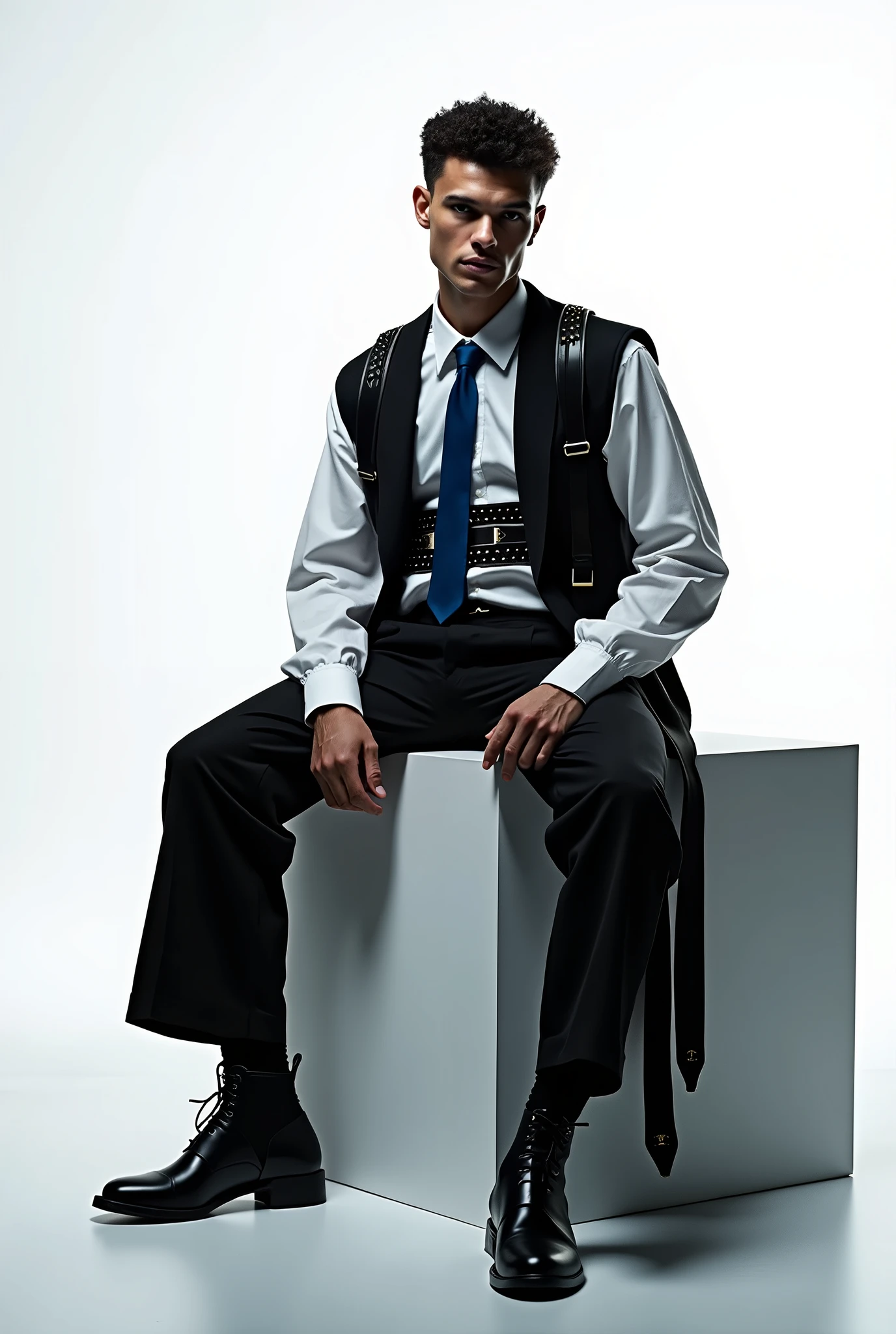 man wearing futurisitc black suit with lot of belts, oversize pants, crop top vest , white shirt , blue tie , sitting like boss , white background , model , photo shooting , cinematic 