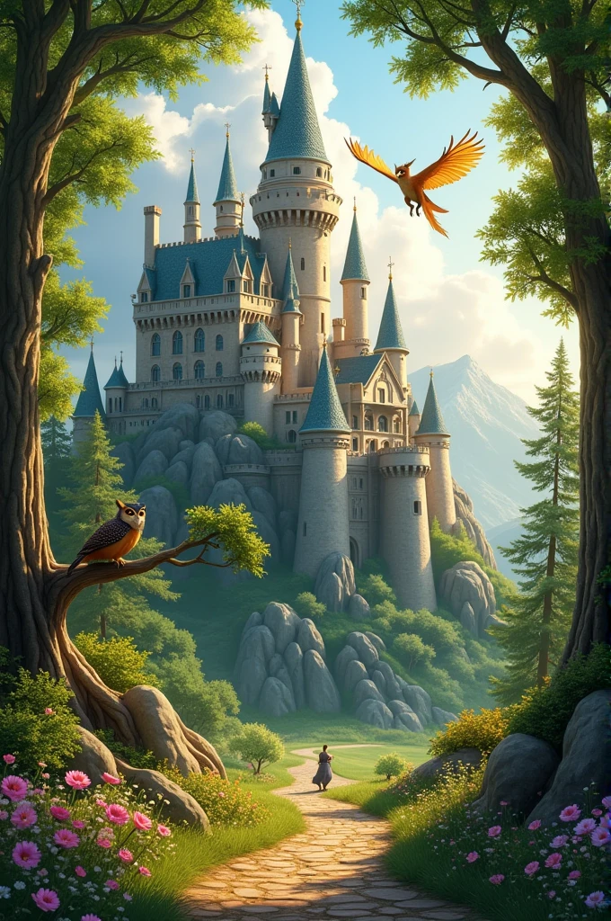 Magical Royal Castle, enchanted forest, emerald shimmering scaled dragon, wise old owl, mischievous squirrel 