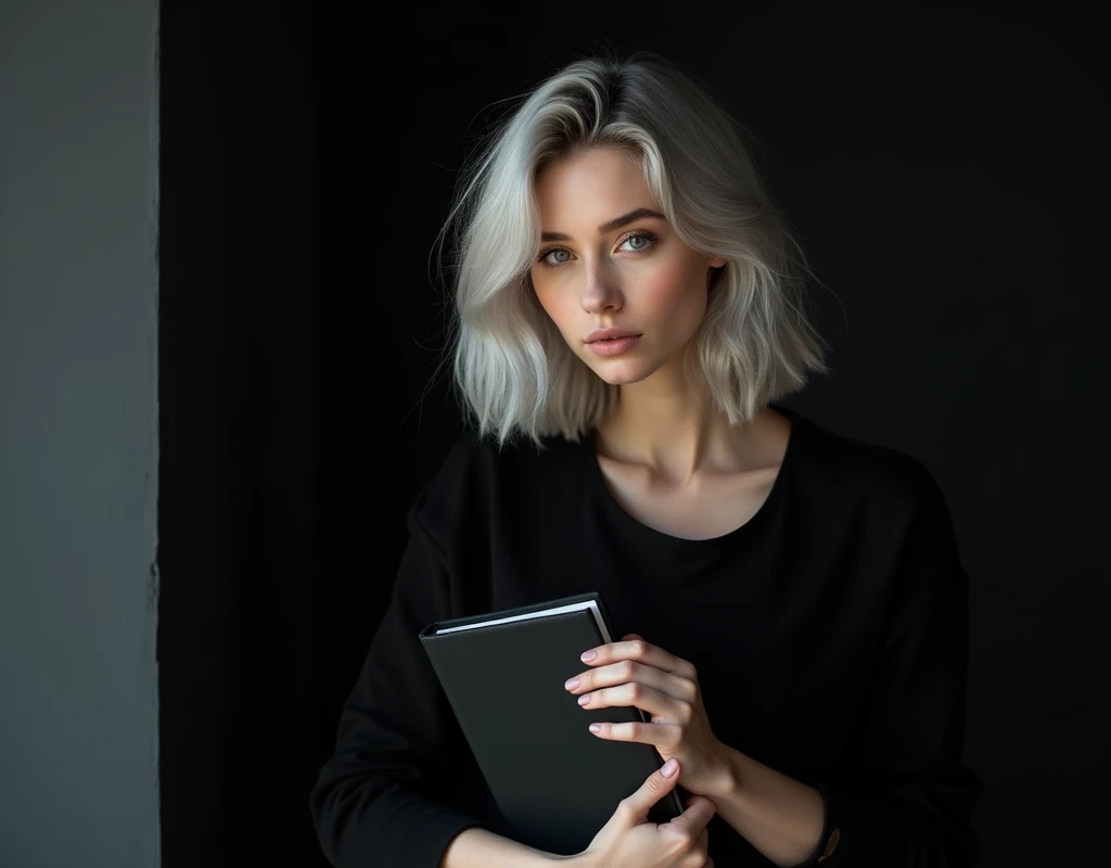 Beautiful Russian girl with white skin, light gray hair below the shoulders, soft, flowing facial features, girl model, dasha taran, professional photo, 4K, a high resolution, high detail, aesthetically pleasing, Beautiful, realistic, standing straight, looks straight, holds a black book, against the backdrop of a black living room, (highly detailed skin:1.2), 8k contract, SLR camera, very detailed face, artistic composition, photo,