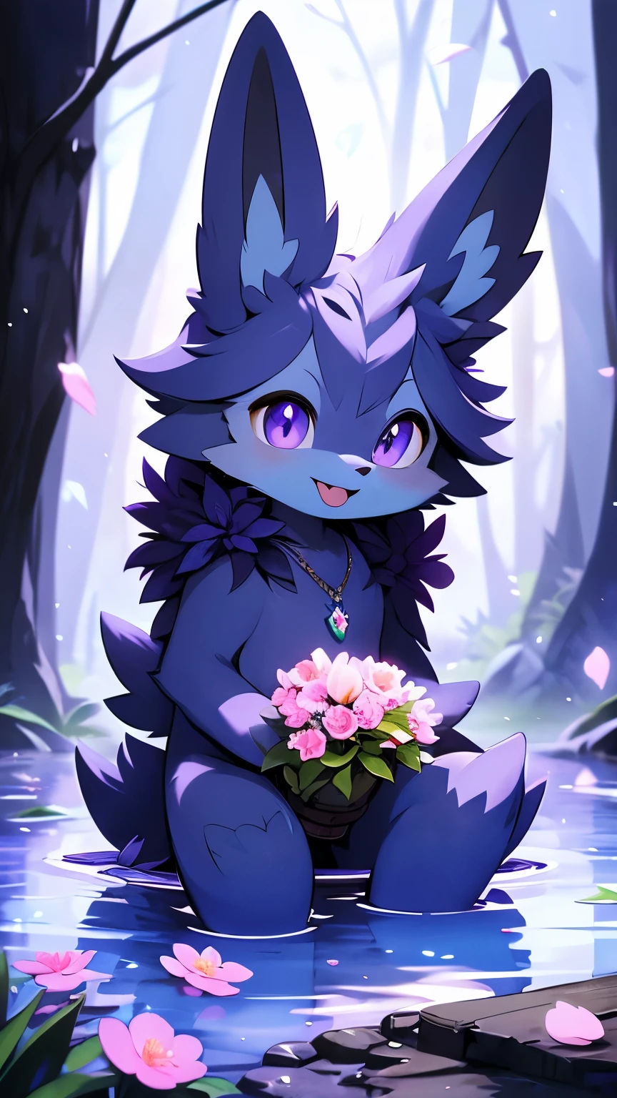 alone, looking at the viewer, clear little purple eyes, black body, purple furry neck, sitting, tongue out, full body, flower, water, Necklaces,petals, Pokémon \(creature\), No human, umbreon, winter nature,