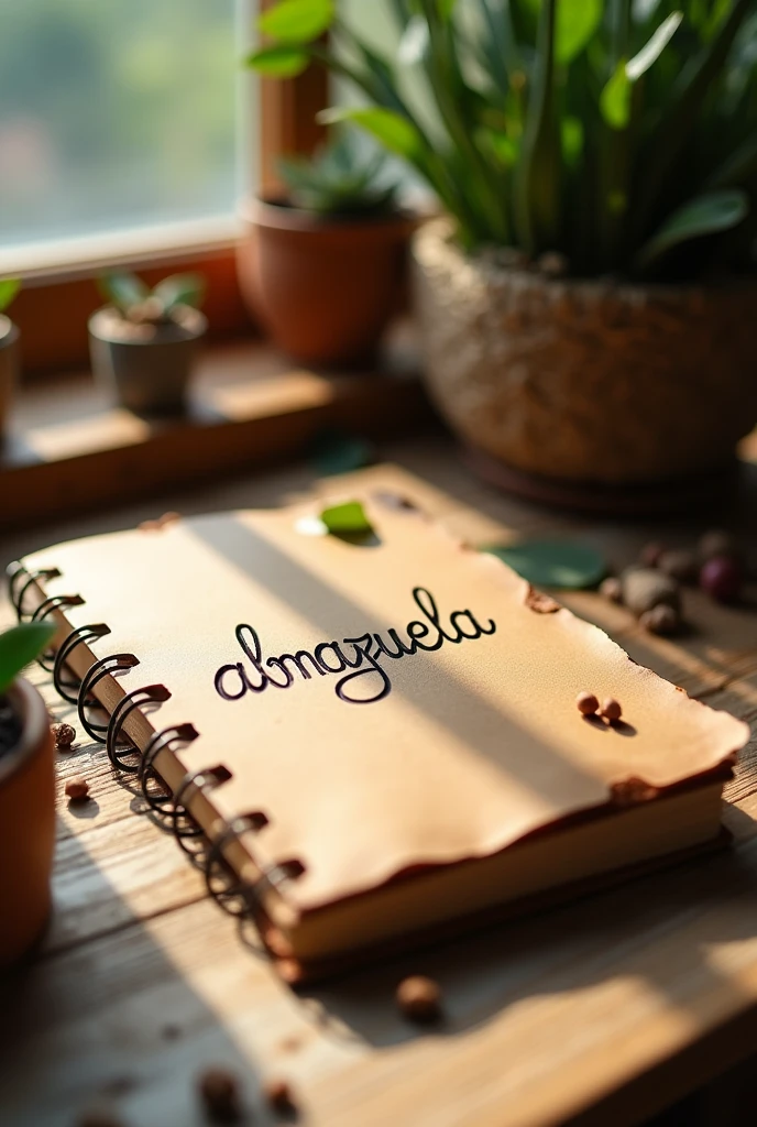 Create a vertical image depicting a notebook made from recycled paper with the word "almazuela" how soon