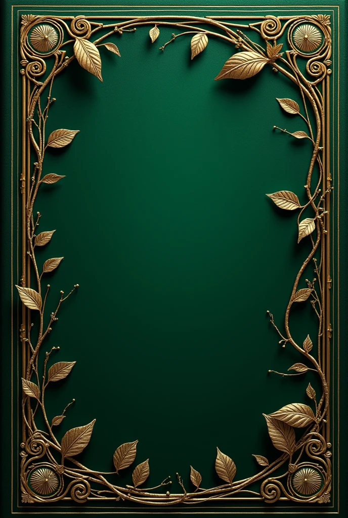 Create a book cover, untitled or information, in dark green, with golden details on the sides, these details should be leaves and intertwined vines in books