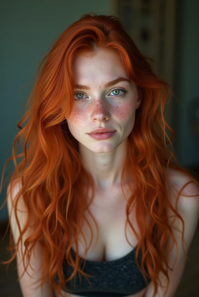 full body shot, red-haired woman 18 years old  portrait of a normal woman, a young redhead,  red hair with freckles, very beautiful model,small breasts