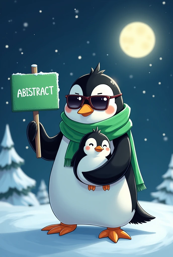 anime a cute penguin wearing a green cloth with a sun glasses holding a baby with a green boqrd written ABSTRACT on in the night