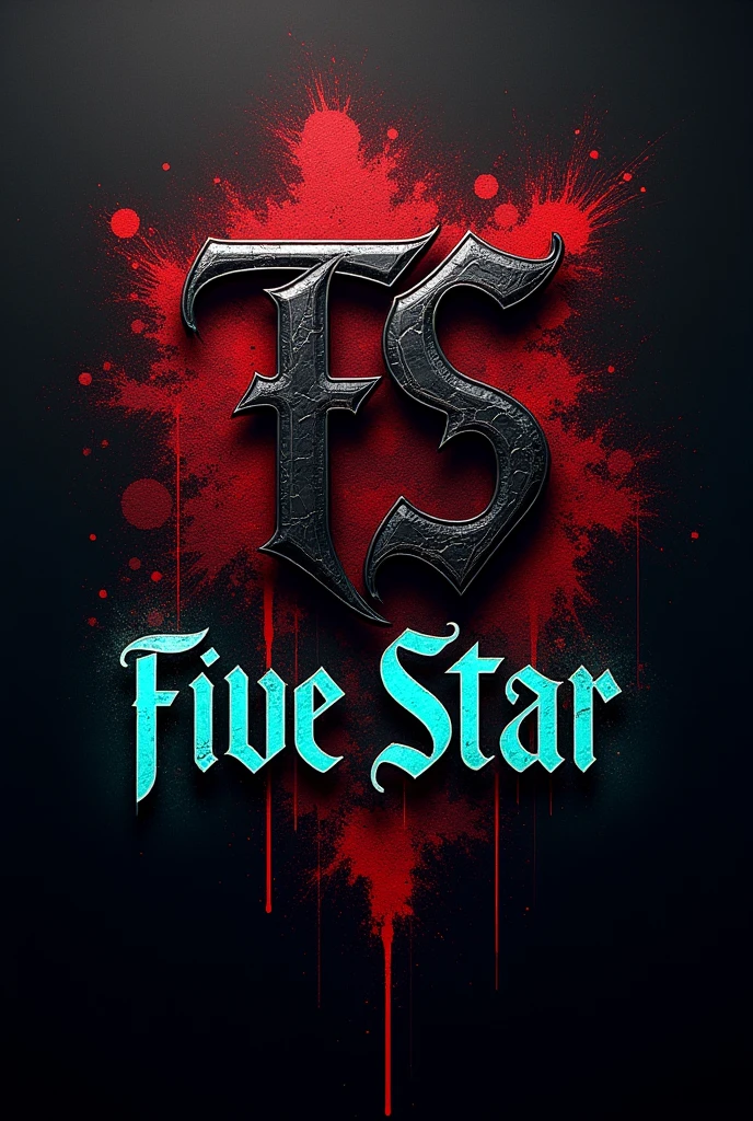 Create a guild logo with the initials FS with text underneath Five Star with dark and bloody colors and a code name JoséTATTO with bright futuristic letters and an image referring to the text