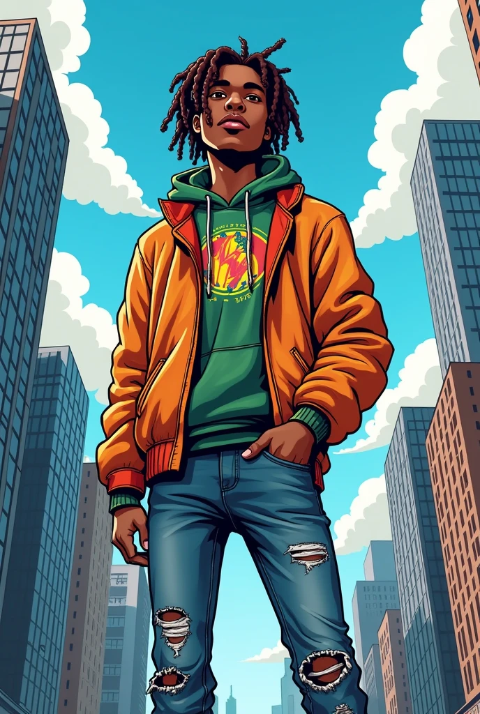 Create a teenager of ,light-skinned black, short dreadlocks for 1,75 tall. To be my comic book character.