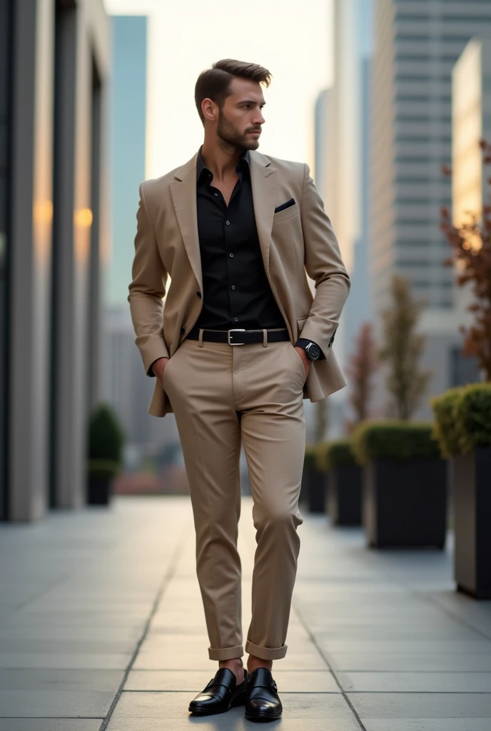 A handsome man . This man dressed up beige colour formal pant and black formal shirt with beige colour suit with black belt and black double monk lofar shoe and black wtach.