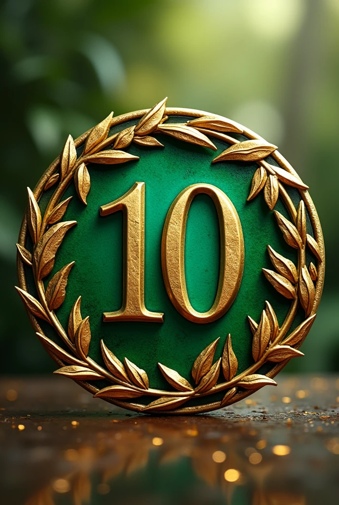 A mockup of a gold and green circular emblem, stylised, with number 10 centered, with leaf arabesques, seen from the front