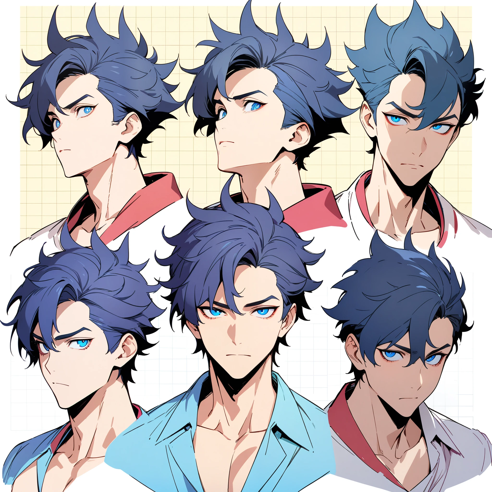 anime boy, dark blue hair, blue eyes, head, same boy, different angles, grid, 9 faces, high quality, concept, handsome, spiky hair, perfect lineart, sharp lineart, best quality, high quality, best quality, ultra-detailed, HD, beautiful lighting,