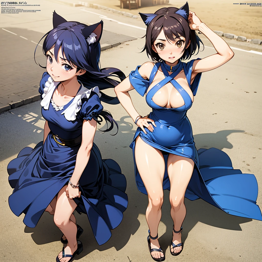 Kōsuke Fujishima style , Anime magazine pinup , cat woman , wide hip , side open summer dress , in the sunny sea side