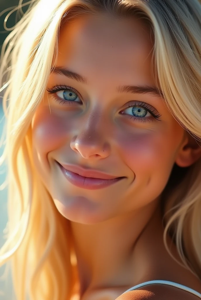 The face of a blonde, sexy woman, a little mischievous and rather young (18 ans)