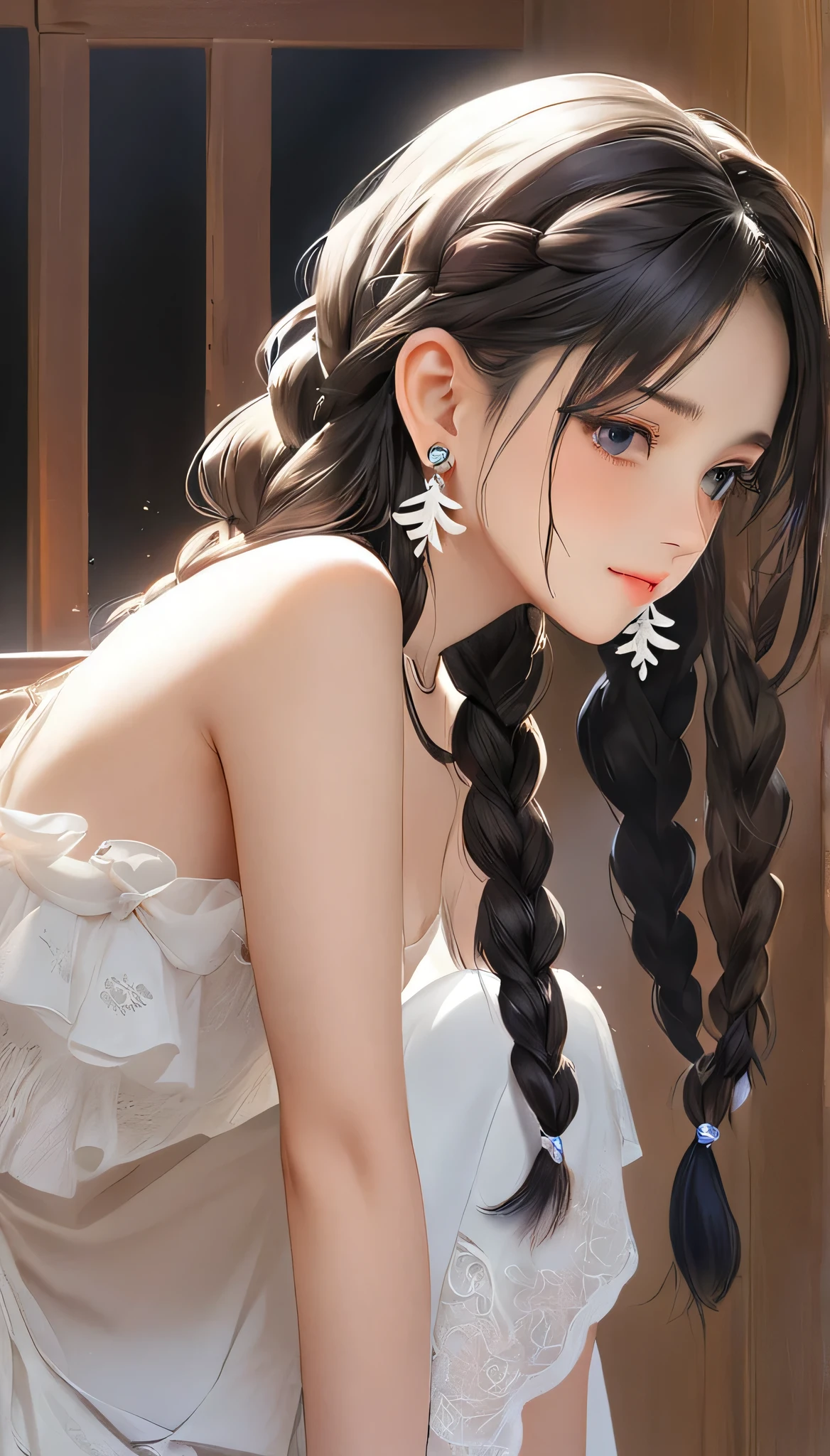 (masterpiece, Highest quality:1.2), One girl, alone,bony body、、fish-bone braid hair、Earrings