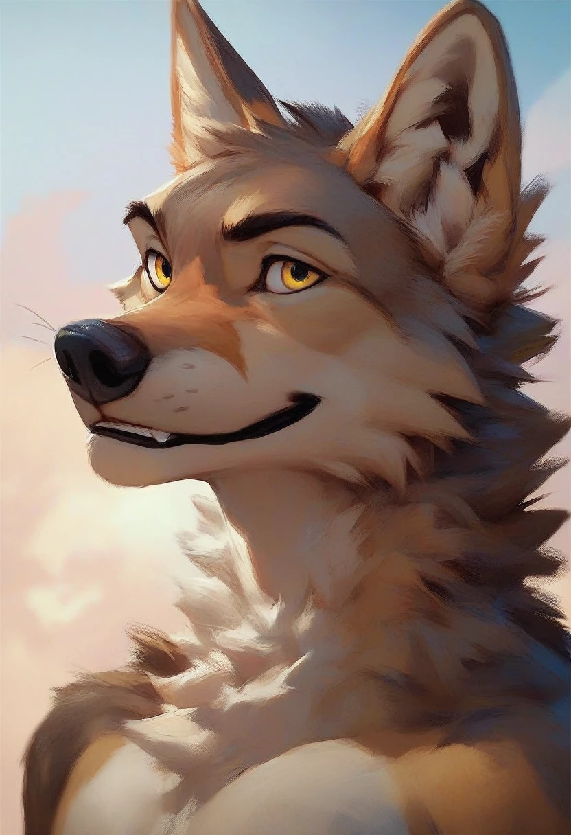 furry, coyote, male, yellow eyes, fluffy, beige fur , head view best_quality fullbody 