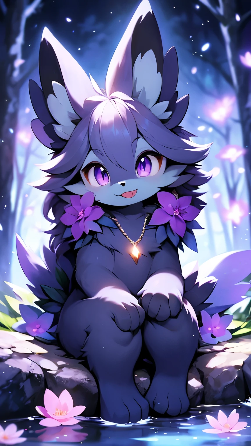 alone, looking at the viewer, clear little purple eyes, black body, purple furry neck, sitting, tongue out, full body, flower, water, Necklaces,petals, Pokémon \(creature\), No human, umbreon, winter nature,