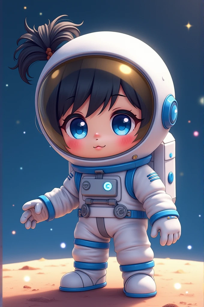body hair: 小柄, black and slightly wavy, usually tied up in a bun or ponytail to fit the helmet.
eyeballs: big teats, deep blue color, resembling outer space.
vestimentas: A white spacesuit with blue and silver details, chibi-style, with large gloves and boots. The helmet is large, with a reflective golden visor.