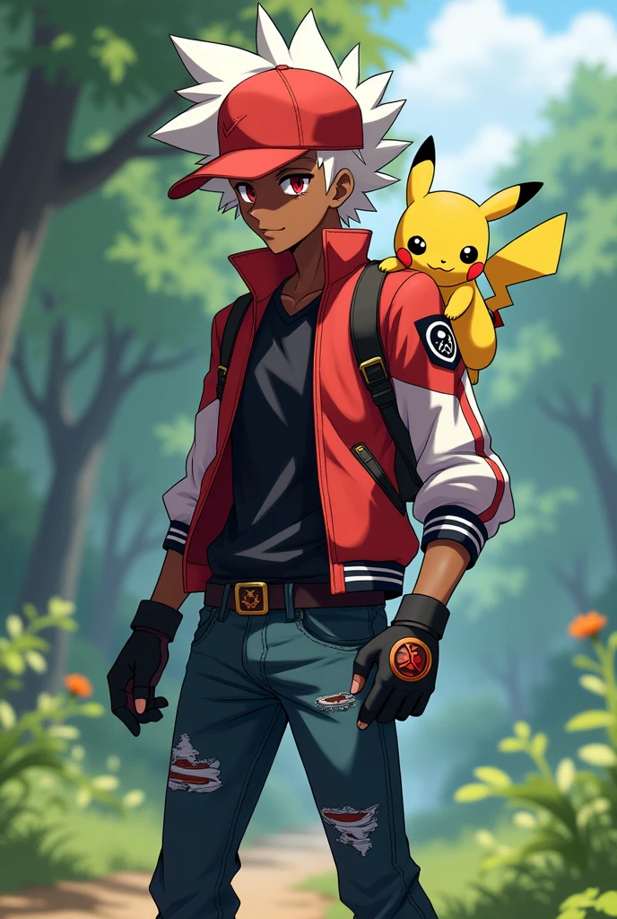 A black-skinned Pokémon trainer, red eyes and white hair, wearing a black shirt, a red jacket with white sleeves, black gloves with fingers showing, a red cap, dark blue jeans and red sneakers, carrying a Pikachu on his shoulder