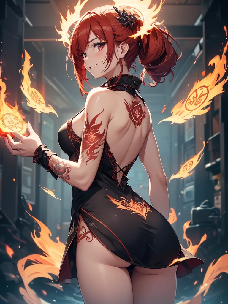 (((best quality, sharp image, clear image, cinematic lighting, 8k resolution, masterpiece, ultra detailed, intricate))) Girl, (((looking over left shoulder))), (shot from behind), ((shot from hip up)), fiery red hair, pigtails, ((intricate black dress)), ((flaming sigils, flaming runes)), spiky rock formations, (flaming lotus flowers frame), (intricate background), (chaotic background), (busy background), ((Phoenix)), (swirling flames), smiling,tatoo on back