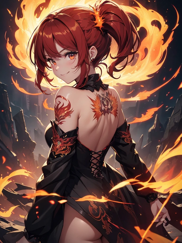 (((best quality, sharp image, clear image, cinematic lighting, 8k resolution, masterpiece, ultra detailed, intricate))) Girl, (((looking over left shoulder))), (shot from behind), ((shot from hip up)), fiery red hair, pigtails, ((intricate black dress)), ((flaming sigils, flaming runes)), spiky rock formations, (flaming lotus flowers frame), (intricate background), (chaotic background), (busy background), ((Phoenix)), (swirling flames), smiling,tatoo on back