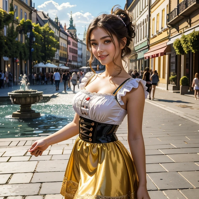 (masterpiece, best quality:1.5), highest quality, High resolution, super detailed, Realists, Upper body photo of a 16-year-old brunette girl, detailed and beautiful eyes, beautiful detailed lips, very detailed eyes and face, longeyelashes, A 16-year-old girl in a beautiful short shiny satin Dirndl, Details in the dress fabric, Beautiful and colorful makeup, elegant and noble々Pose, Beautiful bows in the hair, Ponytail hairstyle with a bow, Munich as a backdrop, bright daylight, bright colors, fine brushstrokes, Portrait style, beautiful color palette, glowing skin, First-class rendering, that captures every detail, enchanting atmosphere, (perfect anatomy:1.2), (The stunning girl is wearing a beautiful short golden dirndl. smiling in love and full of joy for the festival, nice legs. She stands next to the fountain and proudly presents herself. The girl stands and dances with joy (magnificent panorama view:1.2)