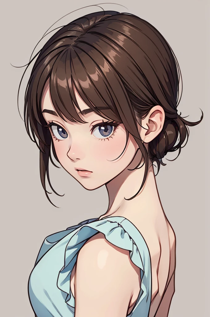 (((masterpiece, best quality, ultra highres, 1 girl, solo, no background))), super detailed skin and face and eyes and finger, beautiful japanese woman, small breasts:1.5, skinny, light brown hair, very short pixie hair, cowboy shot, The background should be simple, outline, anime, 2d, boyish, expressionless, cartoon, dress,