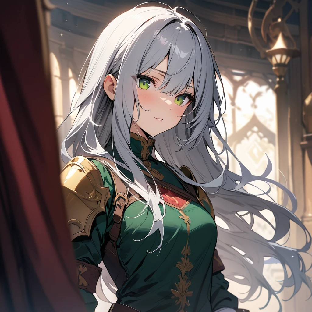 masterpiece,Highest quality, knight, Long Hair, Silver Hair, Green Eyes,((one person's)), (white_armor), Gold ornaments, sword, shield, ((holding sword)), ((Big Breasts)), Exposing the abdomen, one person's, Cleavage, Exposing the legs, ((shield-over_arm)), ((Perfect Face)),addition_detailed:1, addition_detailed:0, addition_detailed:0.5, ((Sword and shield))