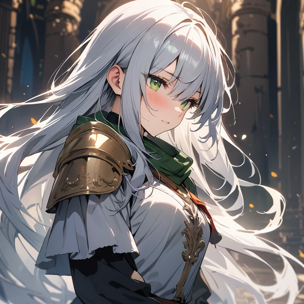 masterpiece,Highest quality, knight, Long Hair, Silver Hair, Green Eyes,((one person&#39;s)), (white_armor), Gold ornaments, sword, shield, ((holding sword)), ((Big Breasts)), Exposing the abdomen, one person&#39;s, Cleavage, Exposing the legs, ((shield-over_arm)), ((Perfect Face)),addition_detailed:1, addition_detailed:0, addition_detailed:0.5, ((Sword and shield))