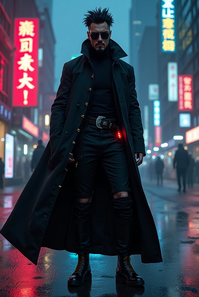 portrait, 1 man, ocidental man, black spiky hair, black goatee, athletic body, black futuristic overcoat, sunglasses, futurist black belt, black boots, angry face, turtleneck with leds in it, neon, cyberpunk, night city, futuristic