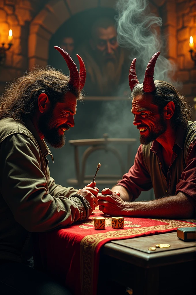 A person betting their soul in a dice game with the devil
