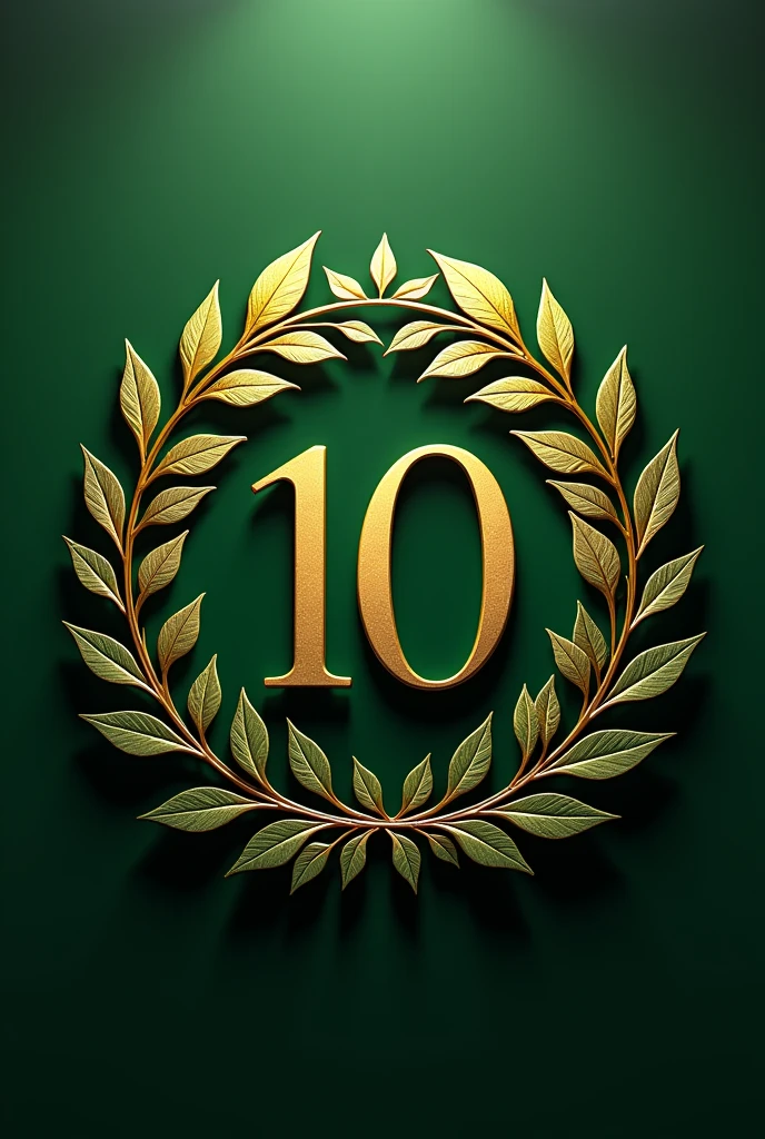 A mockup of a gold and green circular emblem, stylised, with number 10 centered, with leaf arabesques, seen from the front