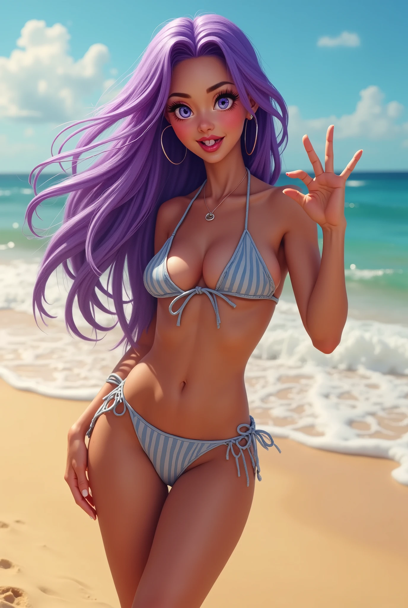 purple, long hair, 比基尼,heart-shaped pupils, He seems lively, arm raised 45 degrees, tongue out, heart-shaped pupils, big-ass, her bra is torn, revealing part of her breasts