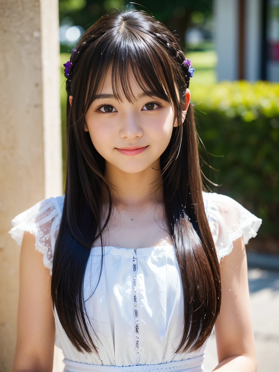 (Best-quality, Masterpiece, Ultra-High-Resolution, (Photorealistic:1.4), Raw Photo, depth of field, professional lighting), (1girl, the most famous 12-years-old Japanese-idol, innocent smile), (wearing cute-lacy summer-dress), (((extremely cute and extremely big black-eyes))), (((extremely beautiful and extremely realistic skins))), ((extremely beautiful hair, extremely beautiful long-eyelashes))