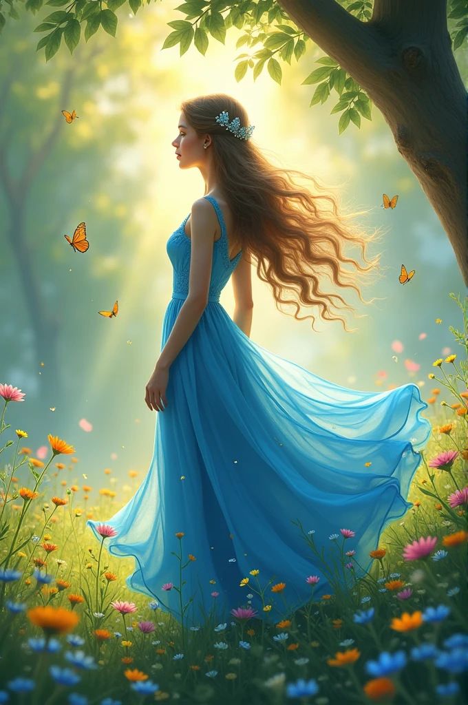 A in a blue dress.