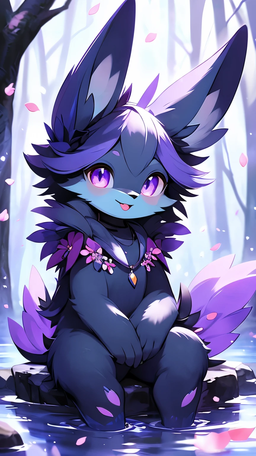 alone, looking at the viewer, clear little purple eyes, black body, purple furry neck, sitting, tongue out, full body, flower, water, Necklaces,petals, Pokémon \(creature\), No human, umbreon, winter nature,