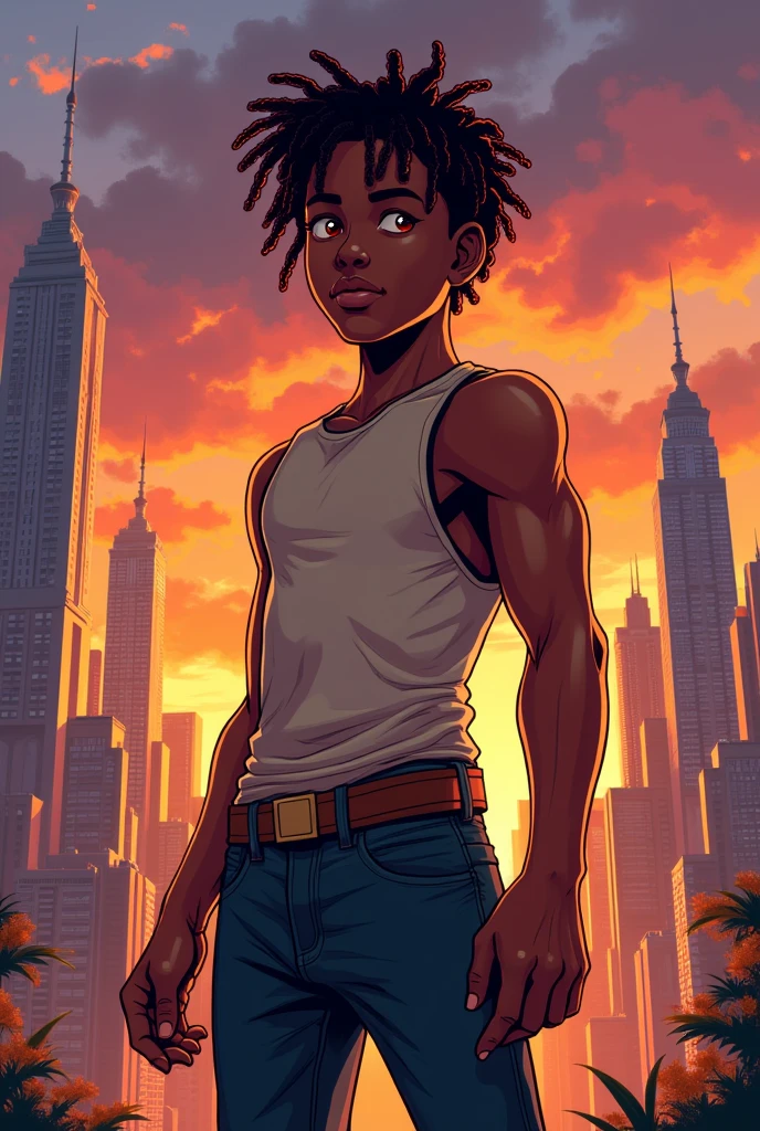 Create a teenager of ,light-skinned black, short dreadlocks for 1,75 tall. To be my comic book character. Diminish his dreads with this same image