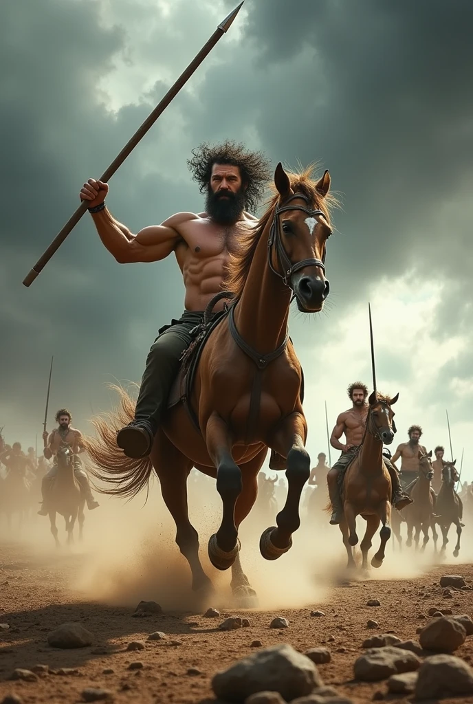 A fierce centaur charging into battle on an open, rocky plain, his hooves kicking up dust as he raises a spear high in the air. His expression is one of intense focus and determination, and his muscular body glistens with sweat. Behind him, other centaurs gallop forward, their weapons ready, as they prepare to clash with an unseen enemy. The sky above is dark and stormy, adding to the dramatic tension of the scene.