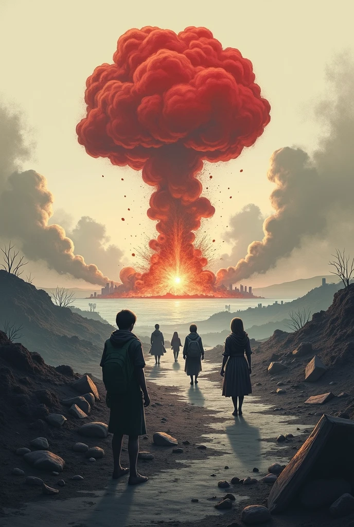 Generate an Poster landscape design on "Neuclear weapon are disaster on earth" simple, drawable for class 9th student. Show some bomb drops, explosion and destruction and poverty