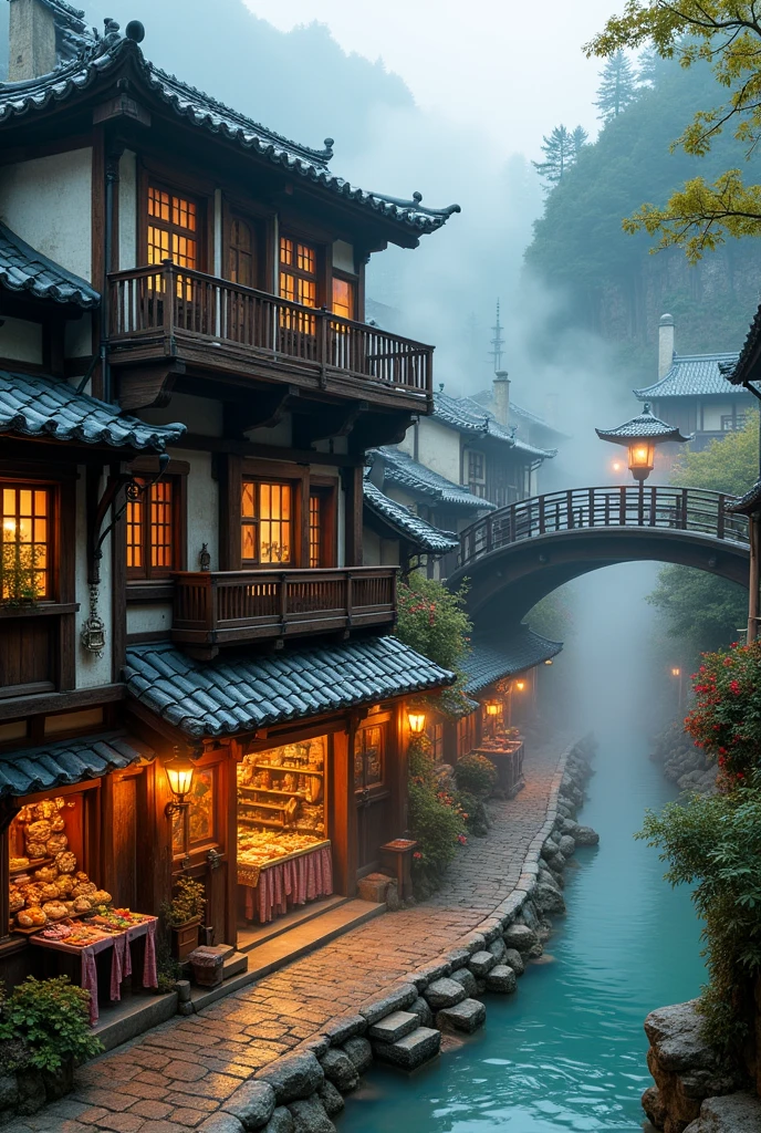 ((masterpiece)),((Highest quality)),((Attention to detail)),((Realistic,))
hot spring,inn,old, Architecture Street, Bazaar, bridge, vapor,Cobblestones, Exterior lights,steampunk, Japanese architecture