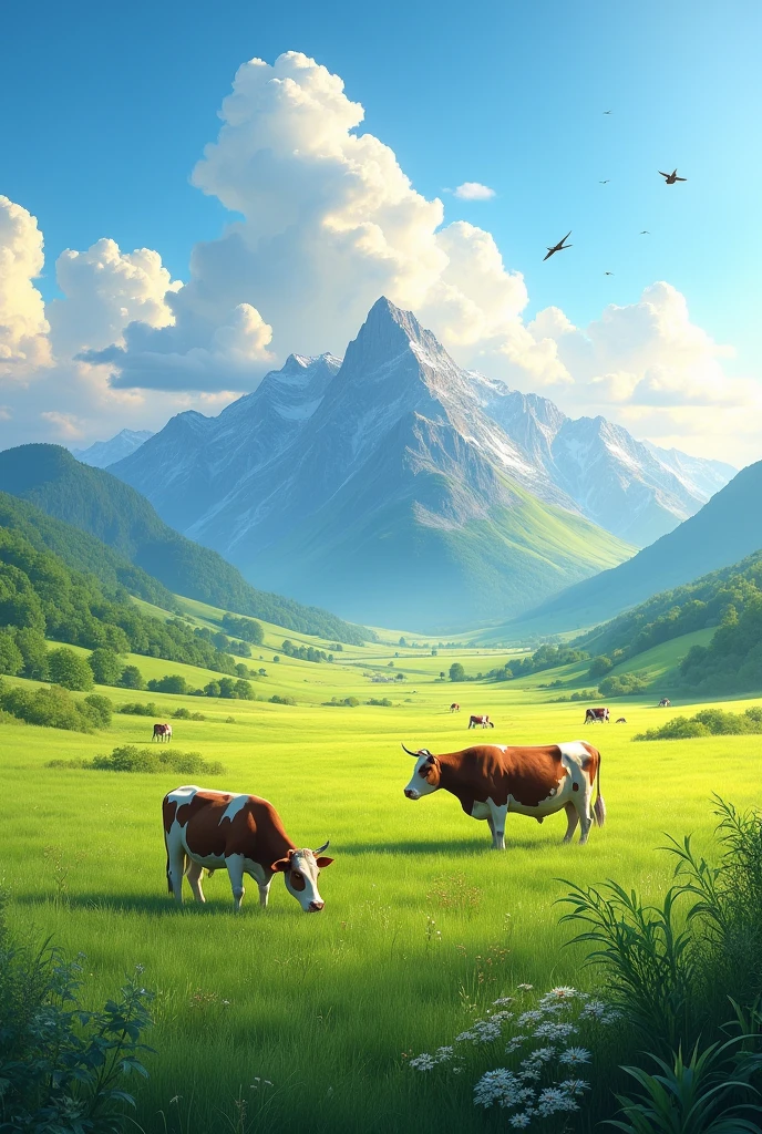 A green field with cows grazing, surrounded by mountains. in the sky, the sun shines brightly, symbolizing the beginning of the natural process of making cream.