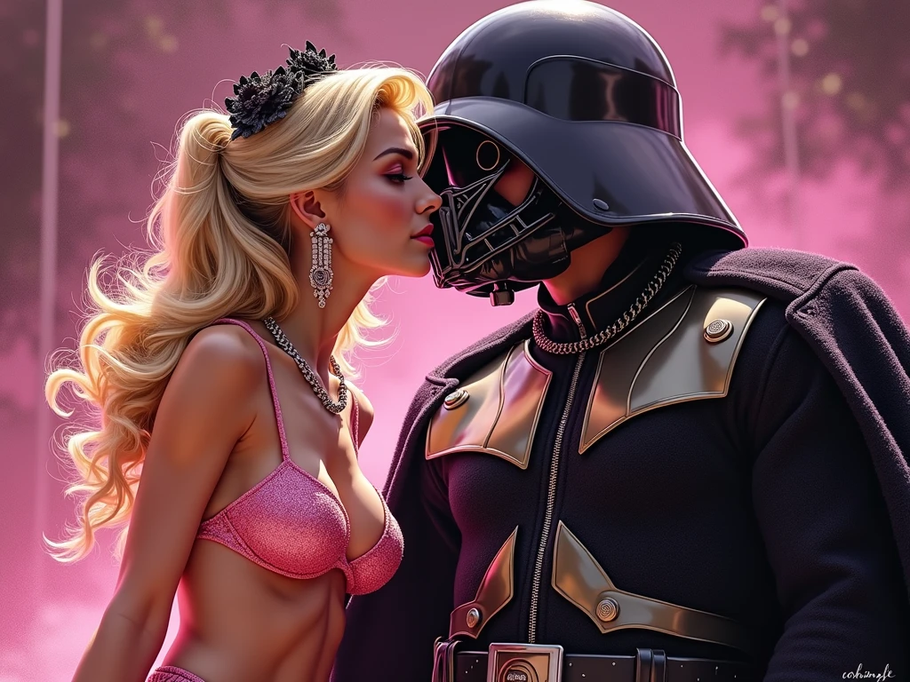 Make Darth Vader from Star Wars a redhead woman with big breasts and a nice ass