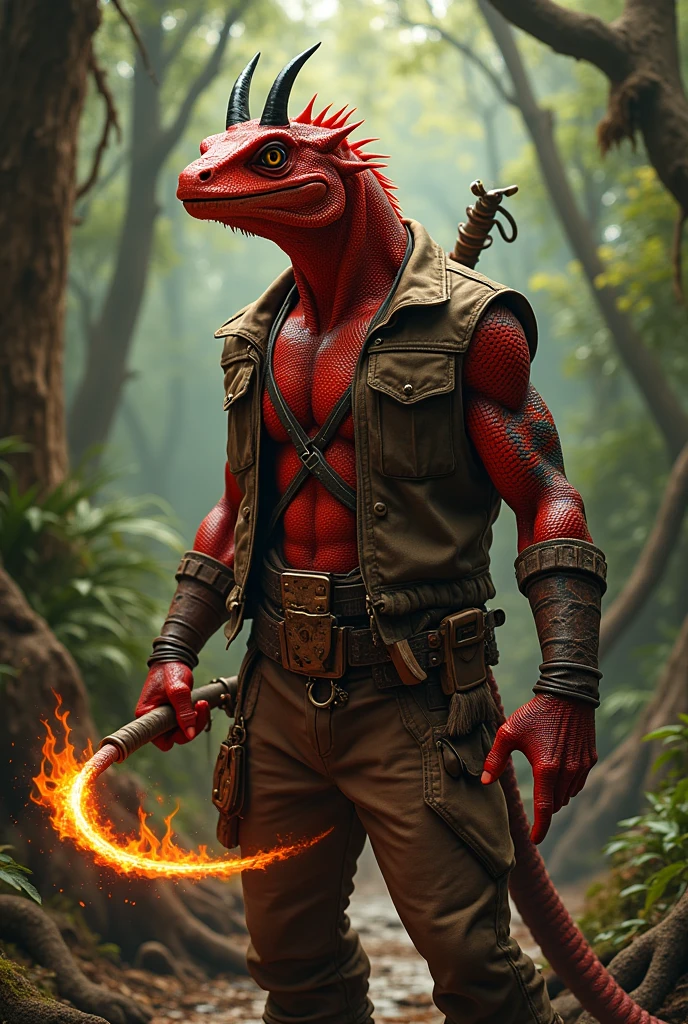 Lizardman red
With small black horns
Indiana Jones clothing
Without hat
Red scales
Tattooed
With fire whip
Whip burns