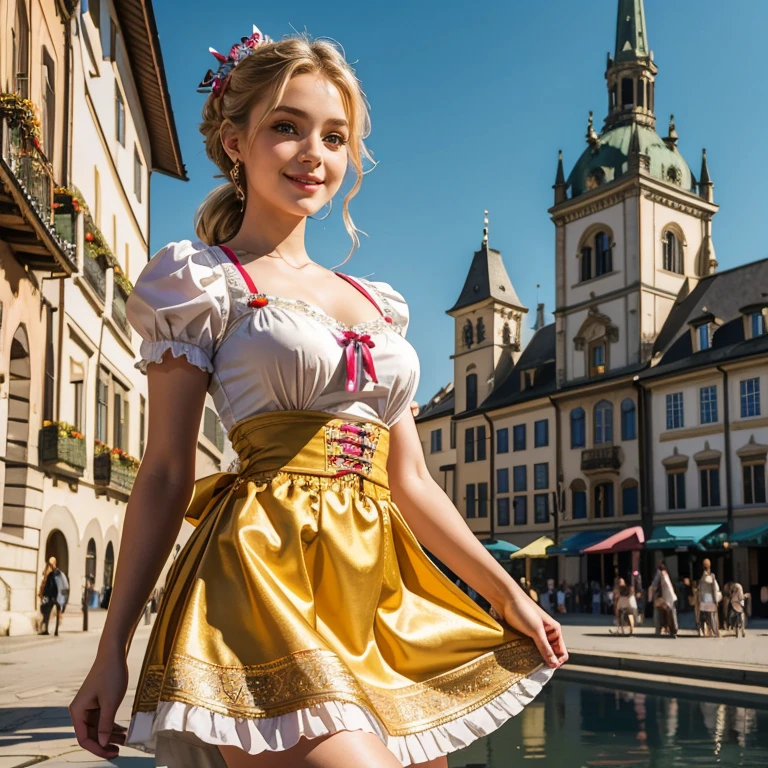 (masterpiece, best quality:1.5), highest quality, High resolution, super detailed, Realists, Upper body photo of a 16-year-old blonde girl, detailed and beautiful eyes, beautiful detailed lips, very detailed eyes and face, longeyelashes, A 16-year-old girl in a beautiful short shiny satin Dirndl, Tip in the fabric, Beautiful and colorful makeup, elegant and noble々Pose, Beautiful bows in the hair, Ponytail hairstyle with a bow, Munich as a backdrop, bright daylight, bright colors, fine brushstrokes, Portrait style, beautiful color palette, glowing skin, First-class rendering, that captures every detail, enchanting atmosphere, (perfect anatomy:1.2), (The stunning girl is wearing a beautiful short dirndl. smiling in love and full of joy for the festival, nice legs. She stands next to the fountain and proudly presents herself. The girl stands and dances with joy (magnificent panorama view:1.2)