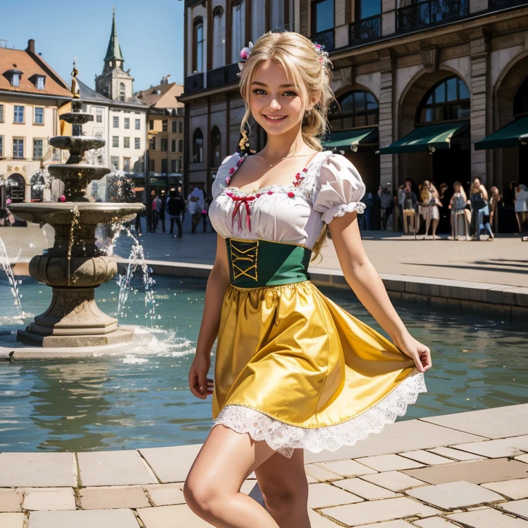 (masterpiece, best quality:1.5), highest quality, High resolution, super detailed, Realists, Upper body photo of a 16-year-old blonde girl, detailed and beautiful eyes, beautiful detailed lips, very detailed eyes and face, longeyelashes, A 16-year-old girl in a beautiful short shiny satin Dirndl, Tip in the fabric, Beautiful and colorful makeup, elegant and noble々Pose, Beautiful bows in the hair, Ponytail hairstyle with a bow, Munich as a backdrop, bright daylight, bright colors, fine brushstrokes, Portrait style, beautiful color palette, glowing skin, First-class rendering, that captures every detail, enchanting atmosphere, (perfect anatomy:1.2), (The stunning girl is wearing a beautiful short dirndl. smiling in love and full of joy for the festival, nice legs. She stands next to the fountain and proudly presents herself. The girl stands and dances with joy (magnificent panorama view:1.2)