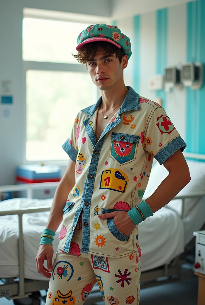 Create a male character wearing unique hospital patient clothing.
