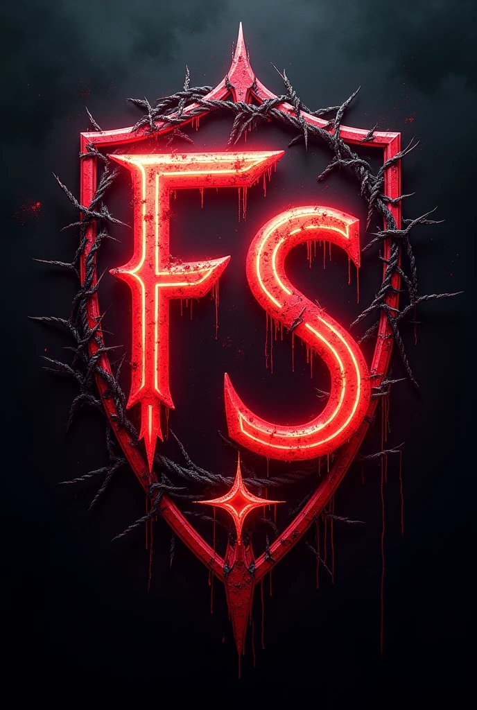 Create a guild logo with initials FS with text about Five Star with dark and bloody colors and a name Jose Tattoo ,
with futuristic bright letters and image referring to the text